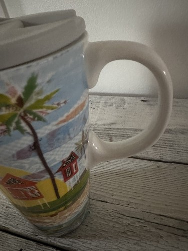 Ceramic Jumbo Travel Mug With Lid By Cypress Beach. Beach House Vacation Ocean - Picture 3 of 6