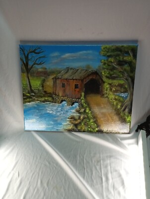 Hand Painted Acrylic On Canvas Old Covered Bridge 14/11  Signed By MSClayton