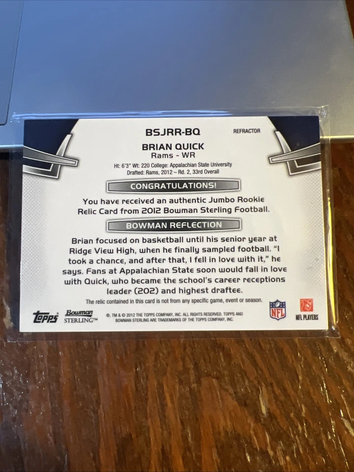 Brian Quick 2012 Bowman Sterling Jumbo Rookie Relic Black Refractor RC /75 Patch - Image 4 of 4