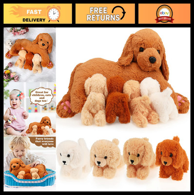 Soft Cuddly Nursing Mommy Dog with 4 Puppies - Plush Stuffed Animal Set for Gift