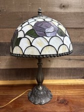 Vintage Tiffany Style Stained Glass Table Lamp With Purple Floral Design 19  