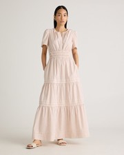 Quince Women 100% Organic Cotton Poplin Tiered Maxi Dress Terracotta Stripe M