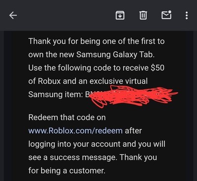 Samsung $50 Robux Prepaid Gaming Card for Galaxy Tab + Virtual Item Code