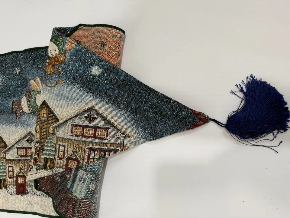 Table Runner Snow Angel  Debbie Mumm Christmas  Color Tapestry Blue  Tassels 60” - Image 2 of 4