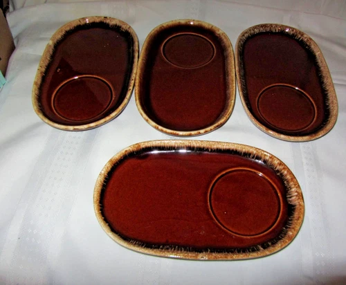 Lot of 4 Hull Pottery Snack Tray Plates Orange Gold Brown Drip Glaze Vintage USA
