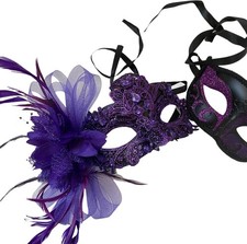 Masquerade Mask Purple Brocade Lace Feather Burlesque Mardi Gras Prom Dance