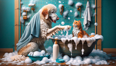 Digital Art Picture Portrait Cat Dog Bathing Soap Bubble Desktop Wallpaper Decor