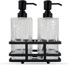 Square Glass Clear Lotion  Soap Pump Dispenser Set W/ Metal Stand Caddy