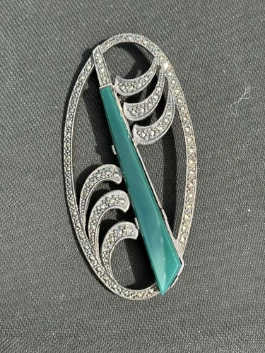 Vintage Art Deco Brooch Green Stone 925 Silver Marcasite Oval Statement Jewelry