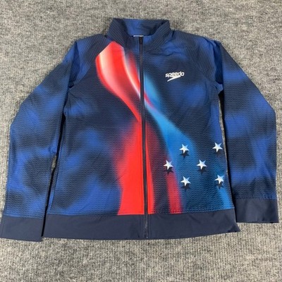 Speedo Track Jacket Mens L Blue Patriotic USA Stars 4th of July Full Zip Soccer