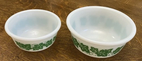 2 Vintage Hazel Atlas ivy milk glass mixing bowls, 4.75 & 6 inches across