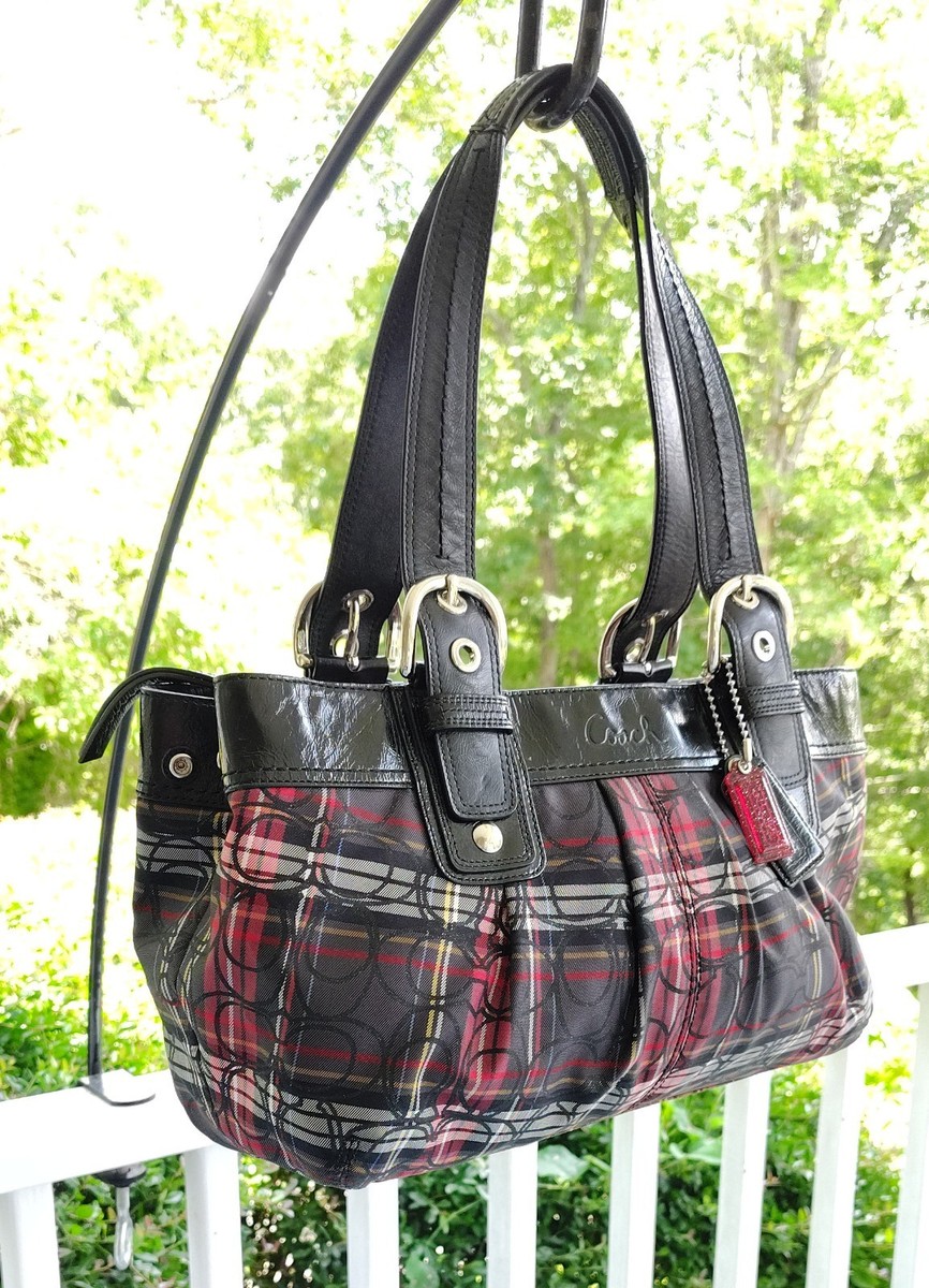 COACH LARGE F15228 Poppy Soho Signature C Canvas Black Tartan