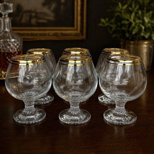 VALENCIA 24K Double Gold Rimmed Brandy Cognac Snifter Glasses, 13 oz, 5"T Set/ 6