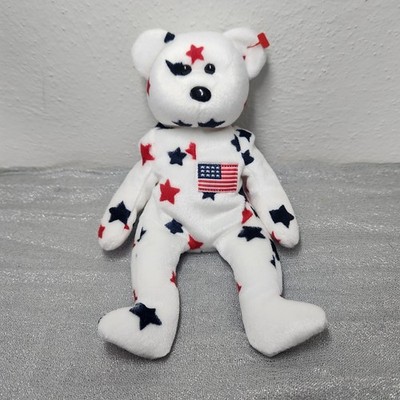 Ty Beanie Babies Glory the Bear 1997 Patriotic Star Pattern White Plush Toy