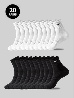 BRANDED Men Sports Socks 20 Pack Cushioned Athletic Comfortable Black White For Camping