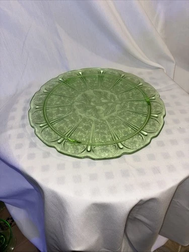 Jeannette Cherry Blossom Green Uranium Depression Glass Footed Cake Plate