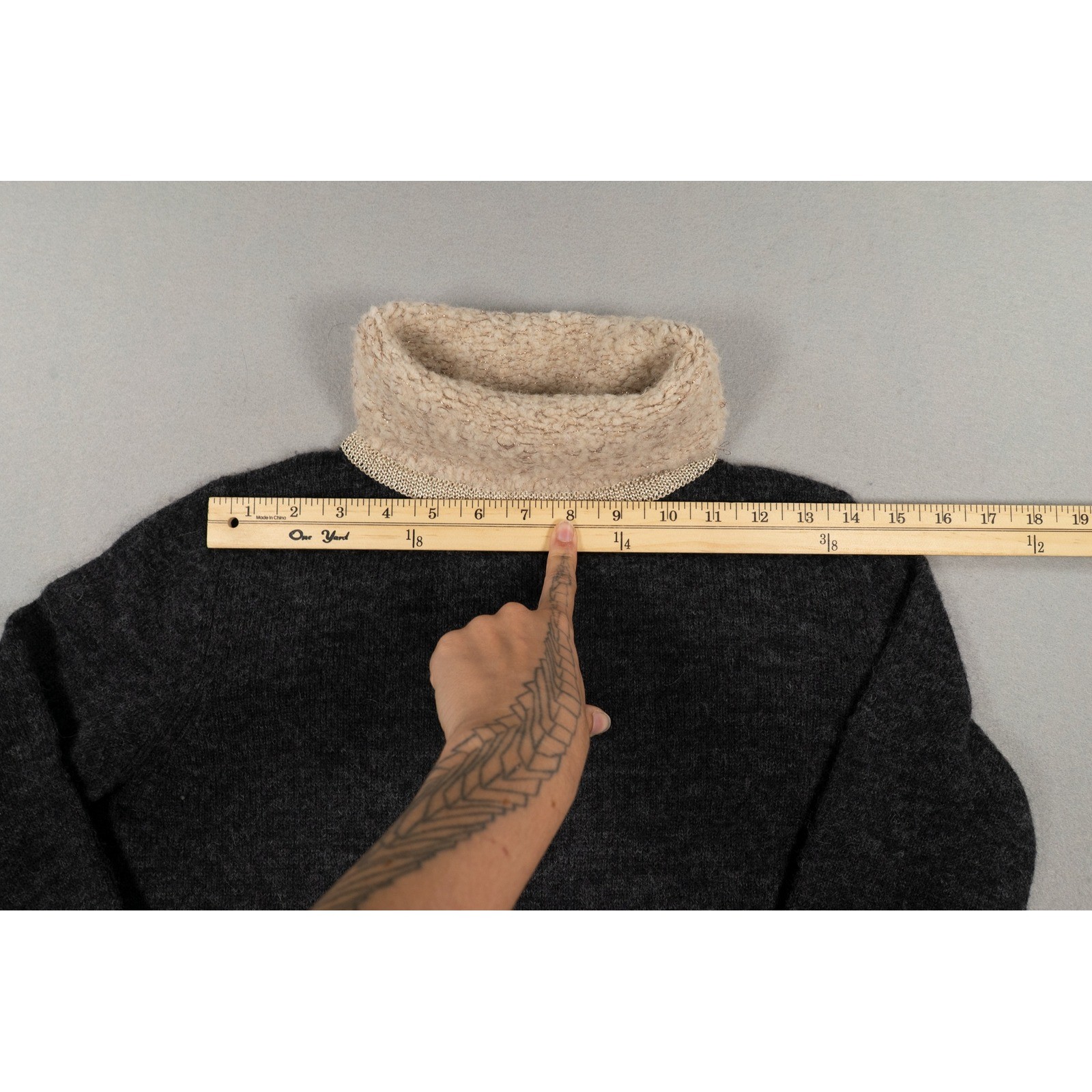 Tory Burch Alpaca Wool Blend Turtleneck Sweater Gray Beige Metallic Cuffs XS image 5