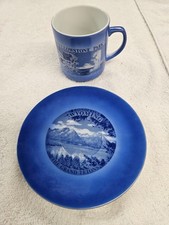 VTG 1960's Blue/White Mug&6"Plate Set Yellowstone/Grand Tetons,Wyoming,Japan-EXC