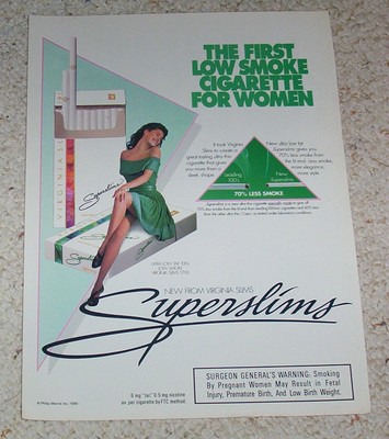 superslim cigarette 1990 print ad page -Virginia Slims Superslim Cigarette SEXY girl legs  smoking AD