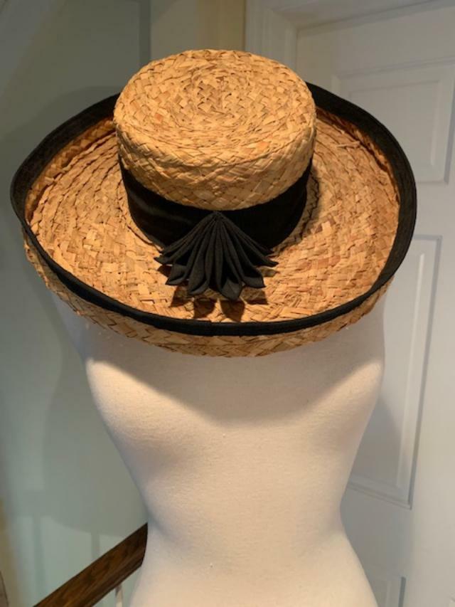 NWT Vintage Straw Hat Black Grosgrain Ribbon Turn Up Rim | eBay