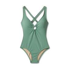 Kona Sol Wide Ribbed Center Ring Medium Coverage One Piece Swimsuit Women Large