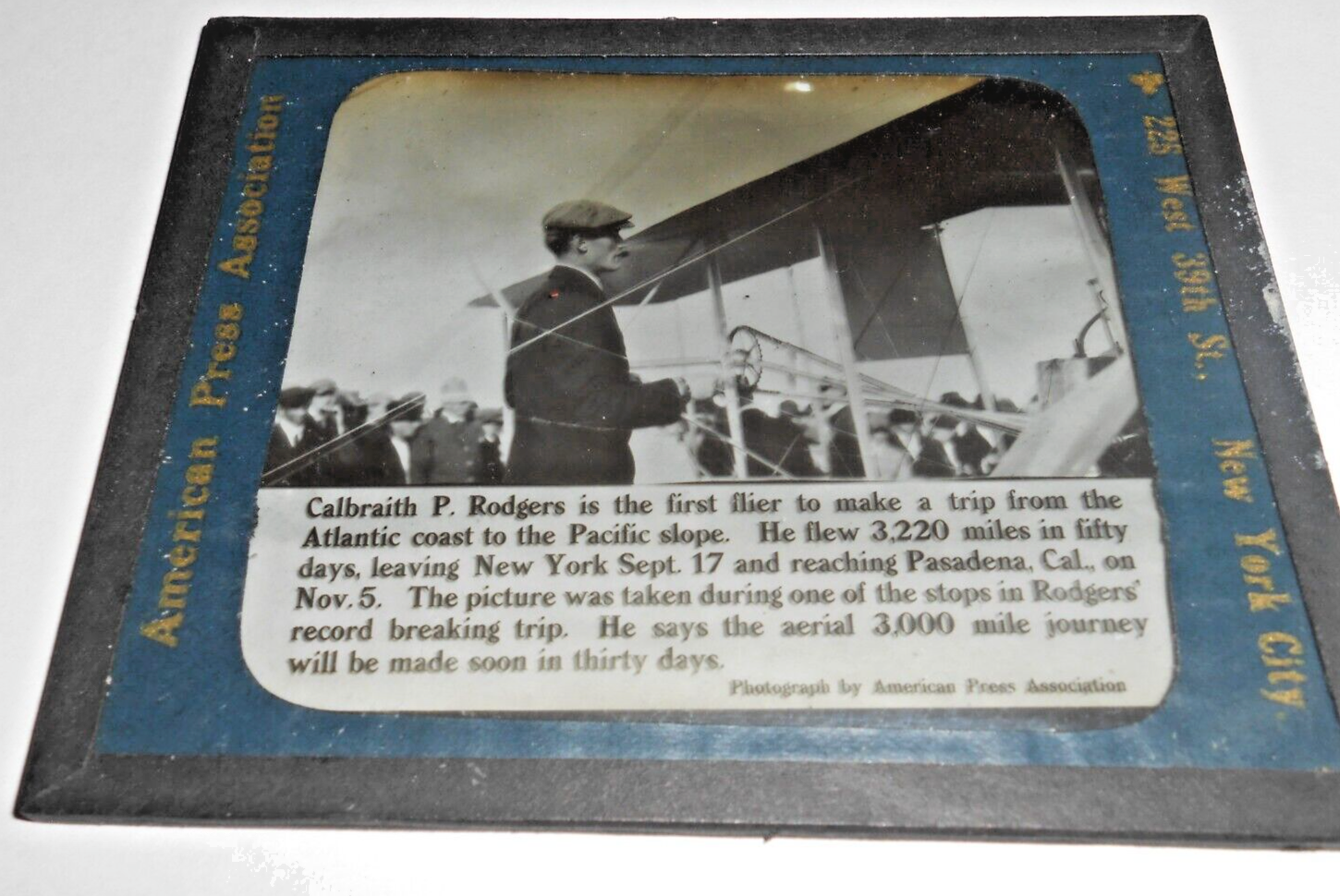 c.1911 Magic Lantern Slide Calbraith Rodgers Pilot NY-CA Flight American Press