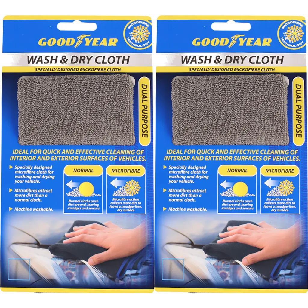 Goodyear 2pc Microfibre Wash & Dry Car Cleaning Cloth Buffing Wash Absorbent