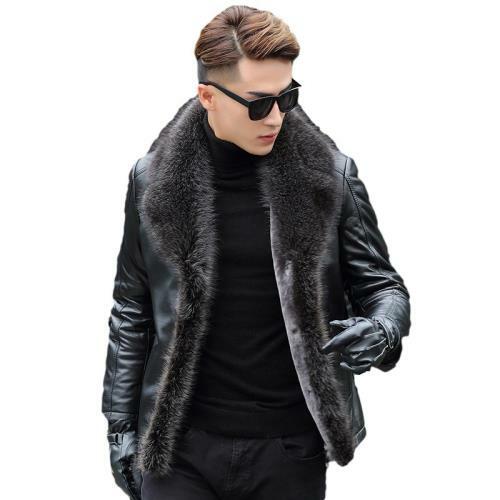 Mens Real Leather Fur Collar Jacket Thick Winter Fur Coat Single Breasted 6XL L