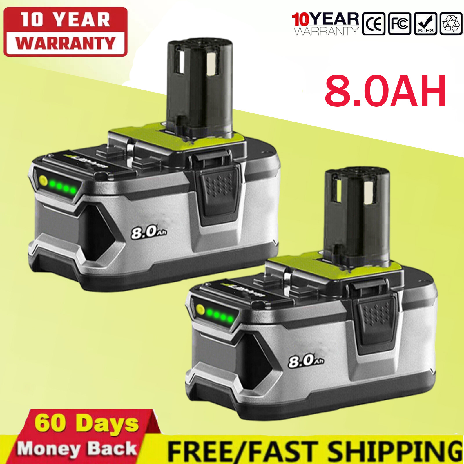 2Pack 8.0Ah Battery For RYOBI P108 18V High Capacity Lithium-Ion For One Plus