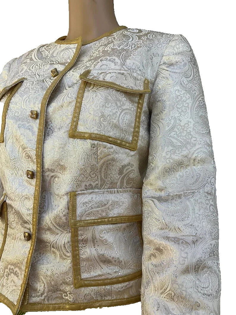 CHANEL GIACCA VINTAGE HAUTE COUTURE ARGENTO BROCCATO METALLICO E FINITURE ORO TAGLIA 4