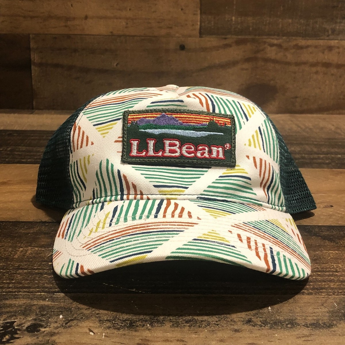 LL Bean Hat Snapback Baseball Cap Adult White Green Tribal Hiking