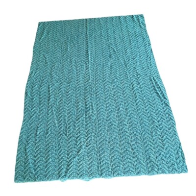 Soft Vintage Handmade Turquoise Afghan Crochet Chevron Pattern 81x56 inches