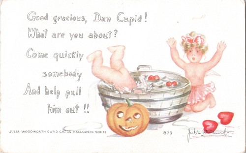 Postcard Halloween Cupid Jack O Lantern Hearts Julia Woodworth 1910 *4