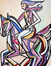 CORBELLIC EXPRESSIONISM 16X20 HORSE RIDER WOMAN FINE ART HOME INTERIOR DESIGN
