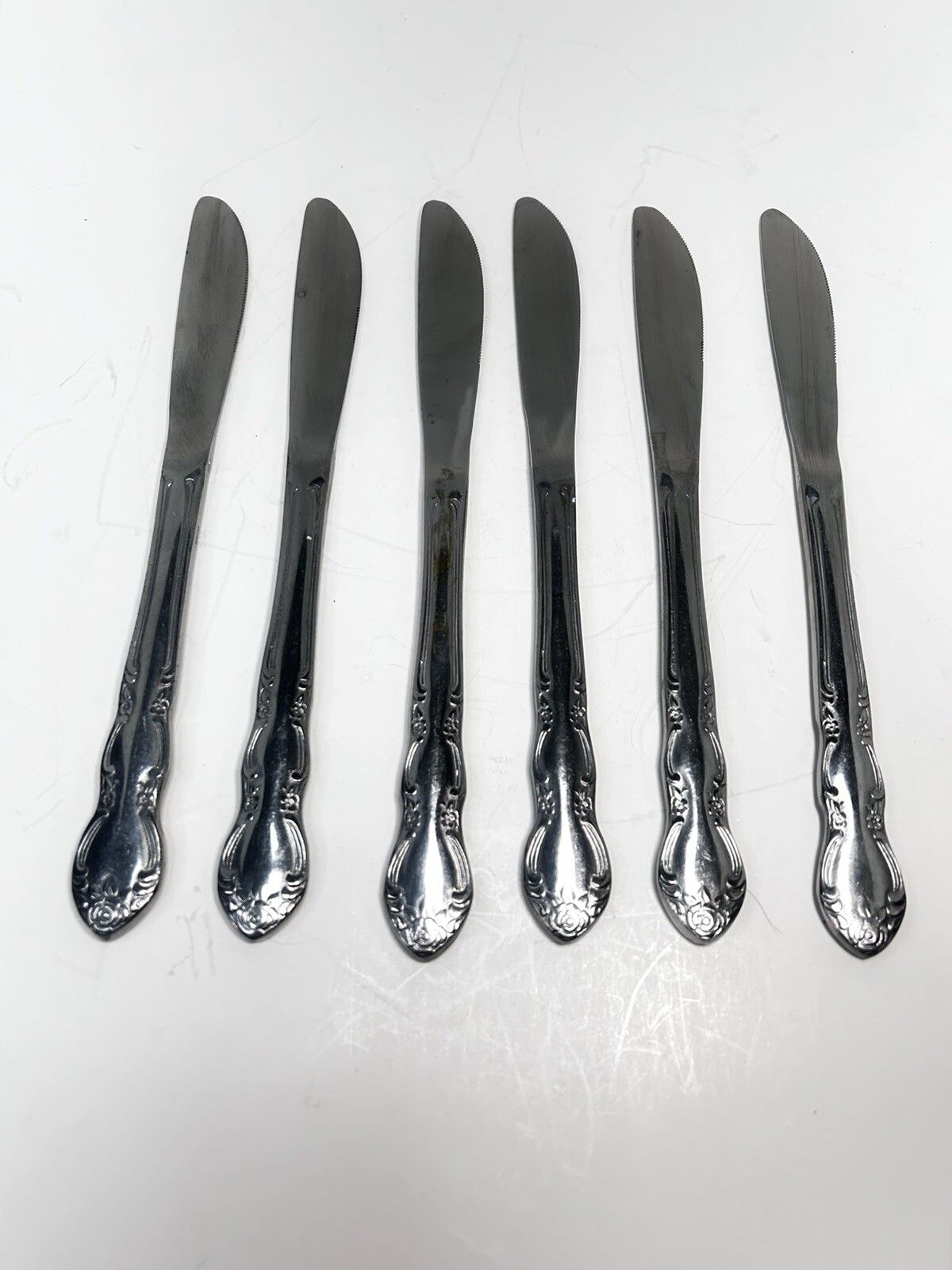 Set of 6 Stainless Steel Floral Pattern Dinner Knives by Rosses