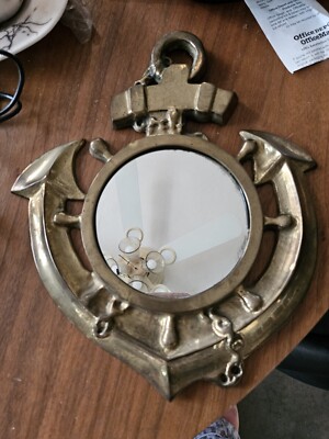 Vintage 12'' Solid BRASS Nautical Hanging Wall Mirror Anchor Ship Naval Boating