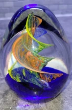 Blown Art Glass Paperweight Twisted Bubble Color Tornado Cobalt Blue Egg shape