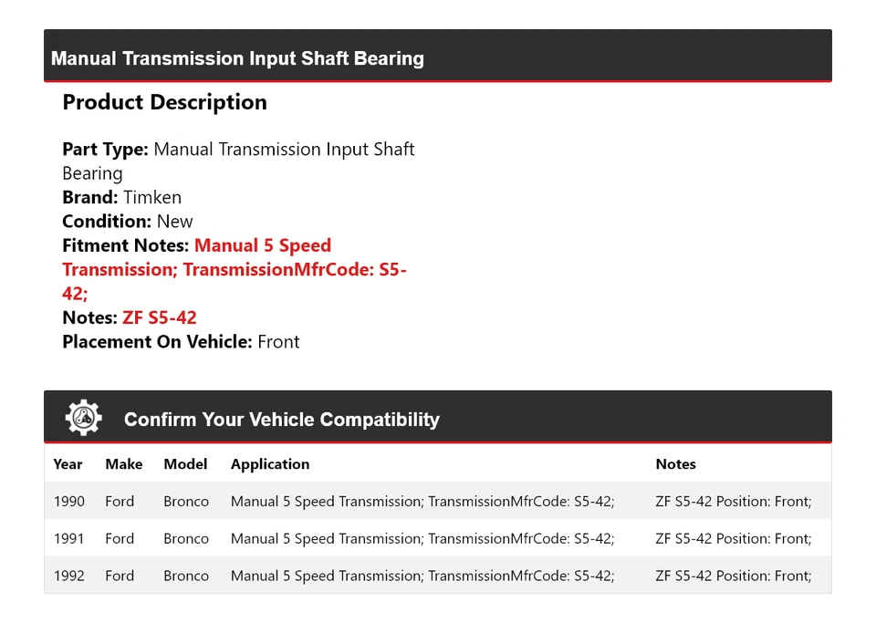 Cojinete de eje de entrada de transmisión manual Timken delantero para Ford Bronco 1990-1992 Foto 2 de 4