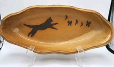 Cat Art Pottery Trinket Dish Drip  Glaze Mustard 12×5.25 W Butterflies Signed 