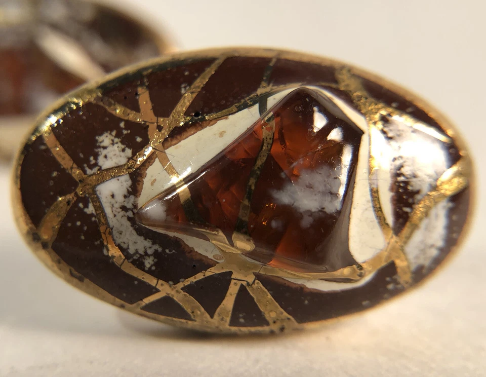 Gemelos modernistas vintage Victoria Flemming de vidrio fundido rojo ámbar blanco y dorado Foto 4 de 4