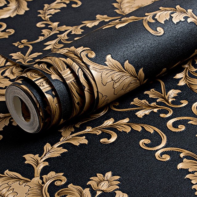 Luxury Damask Wallpaper Roll Metallic Gold Black Texture Vinyl