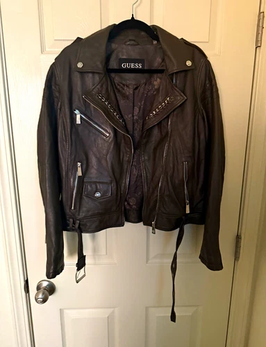 GUESS Women's Genuine Leather Moto Biker Jacket Belted Zip Front Lined Black L - product listing photo