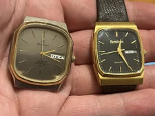 2X ARMITRON MEN WATCH GOLD/SILVER ST. STEEL 30MM DAY/DATE QUARTZ RUNS, SETS