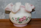 VTG Fenton Hand Painted Signed Rose Garden Ruffle Vase White Satin Pink Floral