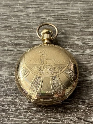 1889 ELGIN 11J SIDEWINDER HUNTER POCKET WATCH 6S ENGRAVED DEER CASE FOR REPAIR!