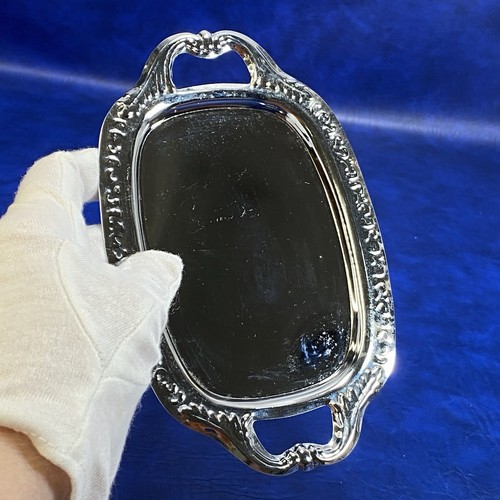 Vtg Unbranded Mini Ornate Stamped Metal Silvertone Serving Platter Tray Oval - Picture 10 of 10