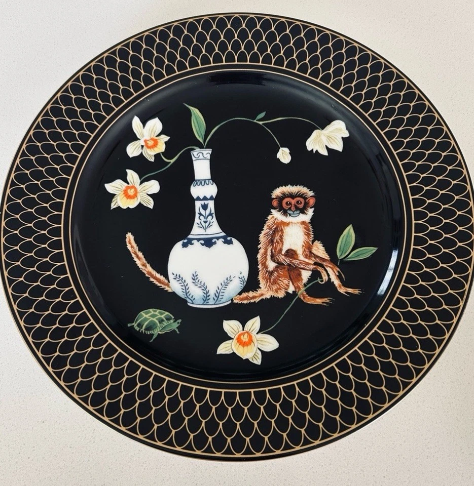 Juego De Colección De 3 | Platos De Porcelana De Jardín Lynn Chase Monkey | Acentos De Oro 24k Foto 2 de 4