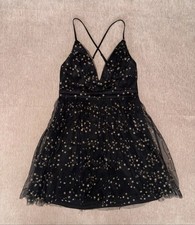 Lulus Women’s Black Mini Dress W/ Gold Star Mesh Overlay Size Medium NWOT