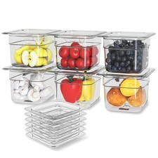 HNEDSEN 6 Pack Plastic Food Pan with Lid 1/6 Size 4 Inch Deep Restaurant Clear