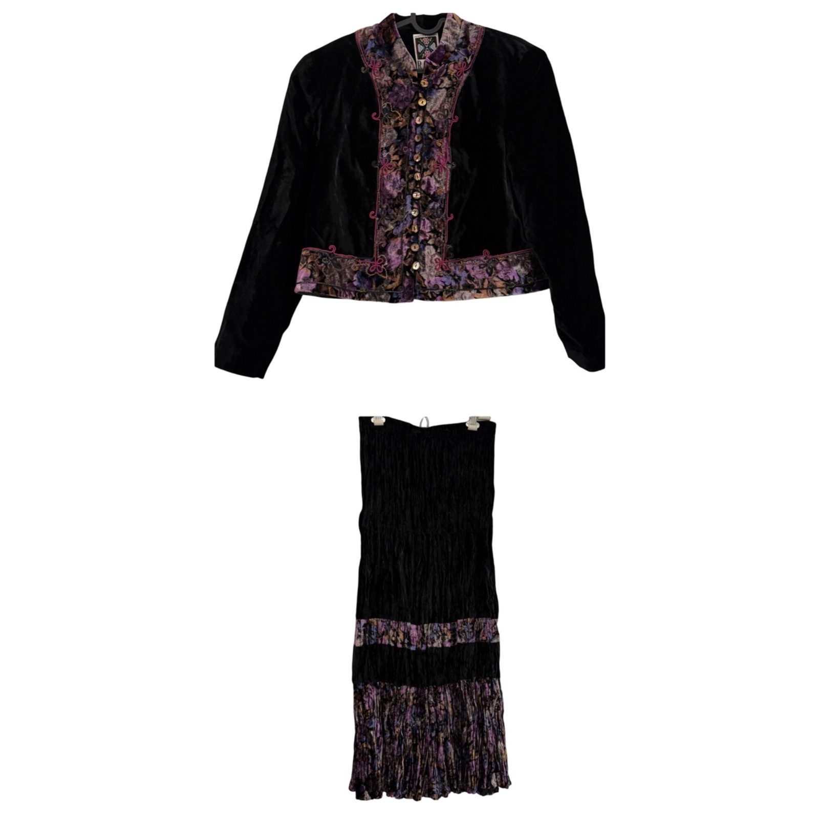 VTG Hairston Roberson Ropa Black Purple Velvet 2 PC Jacket Skirt Set Womens Smal